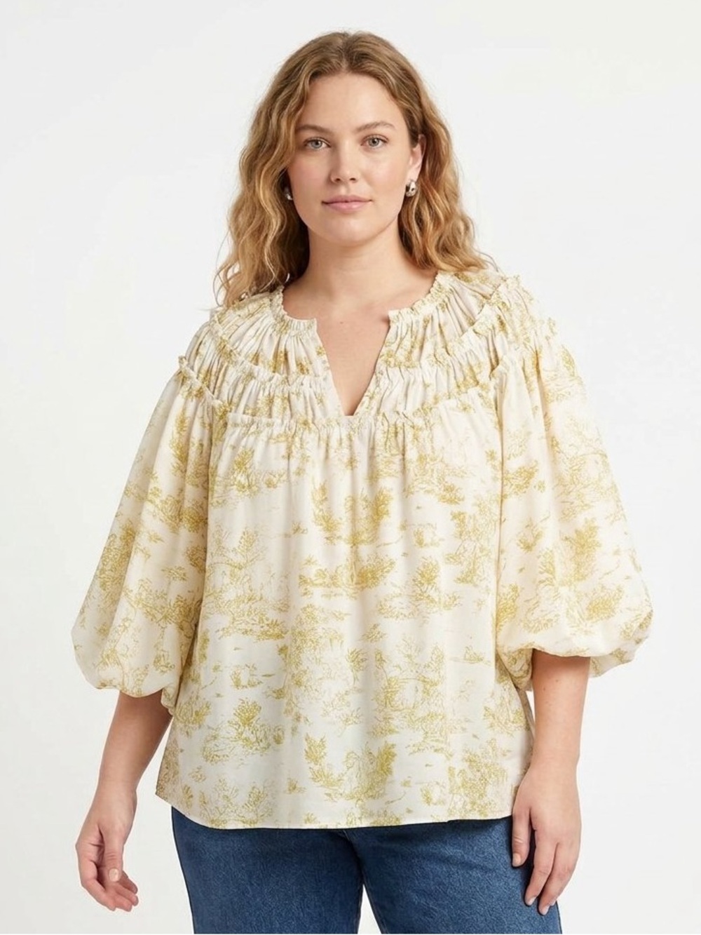 L Entro Toile Print Puff Sleeve Ruffled Blouse